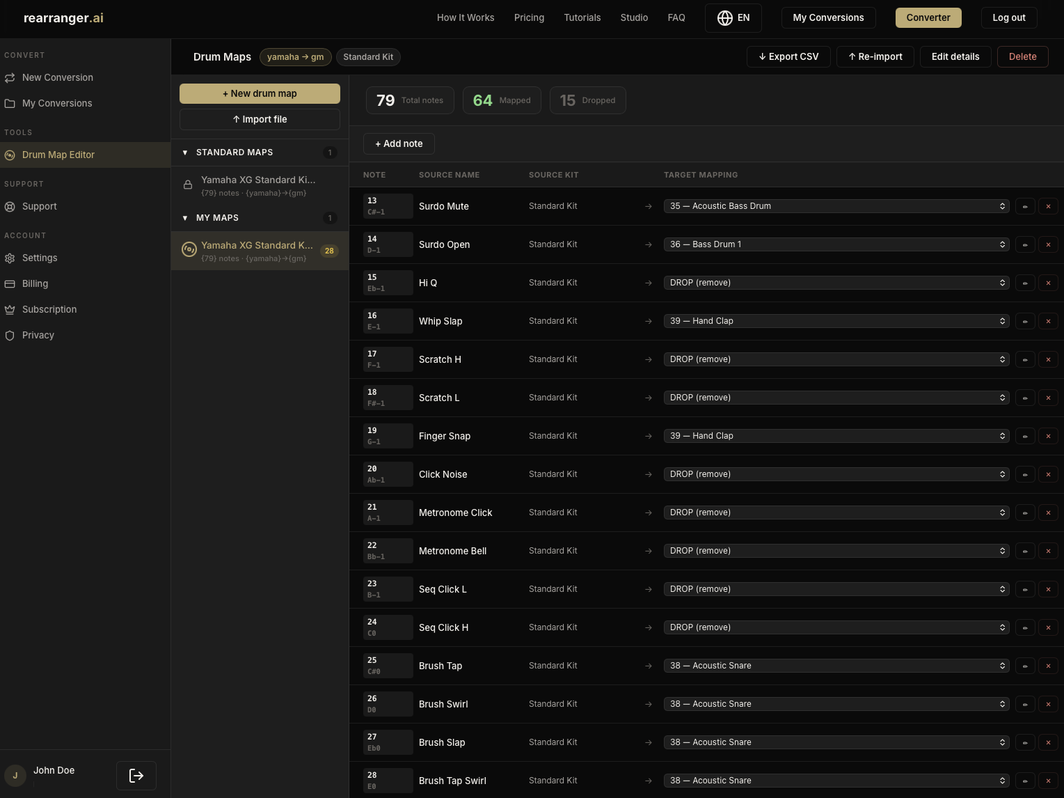 The rearranger.ai review screen showing drum mapping suggestions with override controls